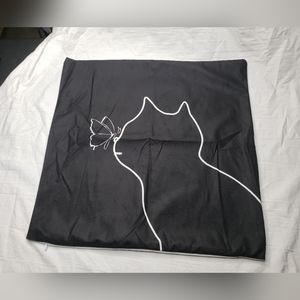 Cat With Butterfly Black and White Throw Pillow Zippered Cover 17 x 17 Inches
